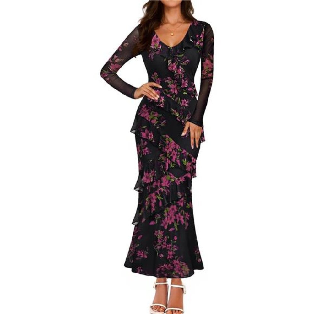 Women's Fall Floral Long Sleeve Maxi Dress Boho Bodycon Ruffle Long Dress